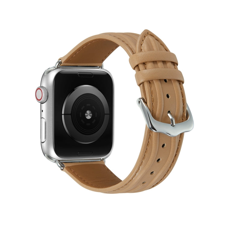 Embossed Line Genuine Leather Watch Band For Apple Watch 5 40mm(Khaki) - Watch Bands by PMC TechLife | Online Shopping South Africa | PMC TechLife
