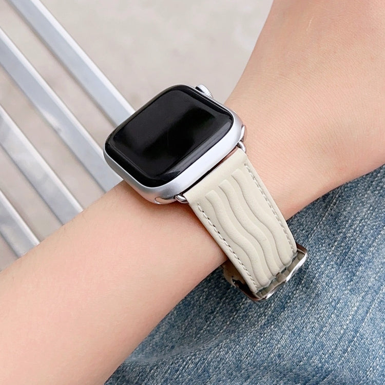 Embossed Line Genuine Leather Watch Band For Apple Watch 2 42mm(Milky White) - Watch Bands by PMC TechLife | Online Shopping South Africa | PMC TechLife