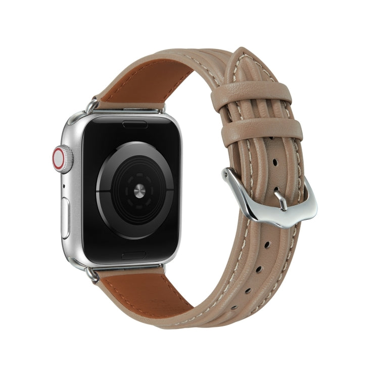 Embossed Line Genuine Leather Watch Band For Apple Watch 9 45mm(Milky Brown) - Watch Bands by PMC TechLife | Online Shopping South Africa | PMC TechLife