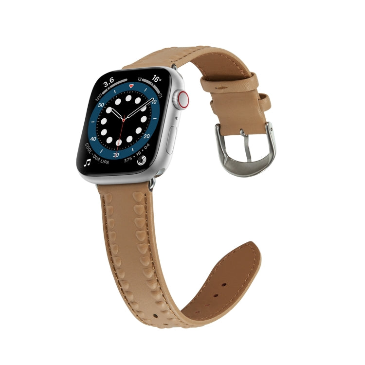 Embossed Love Genuine Leather Watch Band For Apple Watch 8 41mm(Khaki) - Watch Bands by PMC Jewellery | Online Shopping South Africa | PMC Jewellery