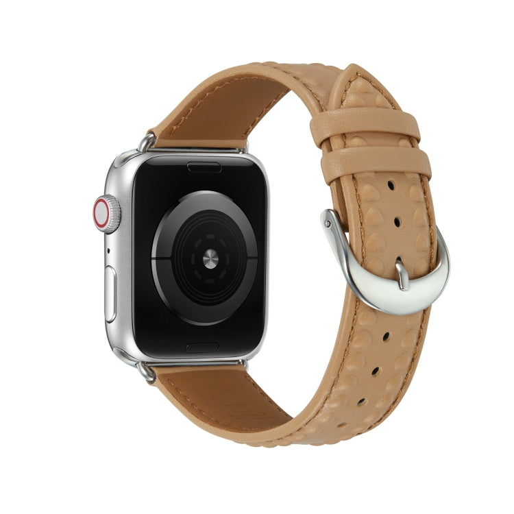 Embossed Love Genuine Leather Watch Band For Apple Watch 7 45mm(Khaki) - Watch Bands by PMC TechLife | Online Shopping South Africa | PMC TechLife