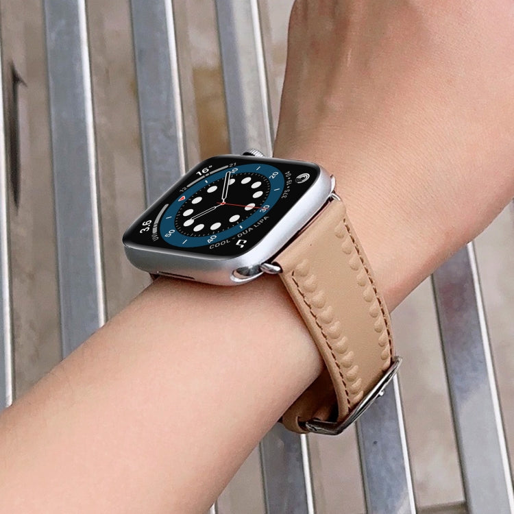 Embossed Love Genuine Leather Watch Band For Apple Watch 6 40mm(Khaki) - Watch Bands by PMC TechLife | Online Shopping South Africa | PMC TechLife