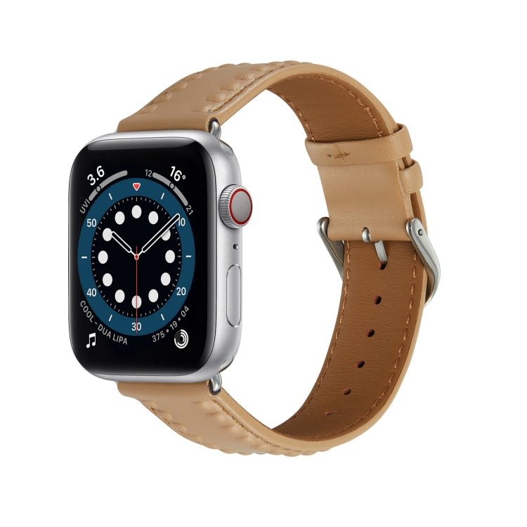 Embossed Love Genuine Leather Watch Band For Apple Watch 9 45mm(Khaki) - Watch Bands by PMC TechLife | Online Shopping South Africa | PMC TechLife