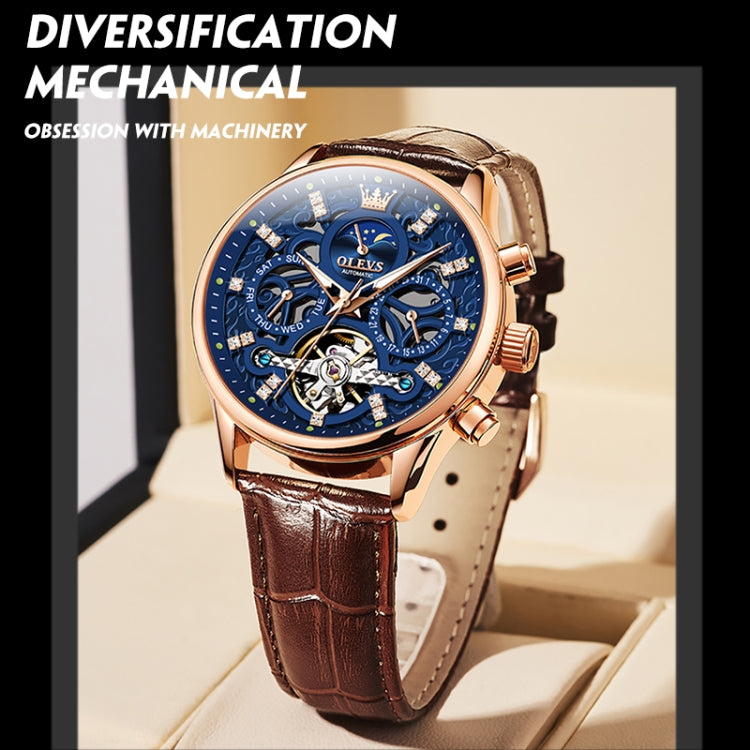 OLEVS 6658 Men Luminous Waterproof Leather Strap Mechanical Watch(Blue + Rose Gold) - Leather Strap Watches by OLEVS | Online Shopping South Africa | PMC Jewellery