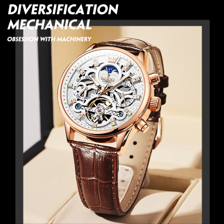 OLEVS 6658 Men Luminous Waterproof Leather Strap Mechanical Watch(White + Rose Gold) - Leather Strap Watches by OLEVS | Online Shopping South Africa | PMC Jewellery | Buy Now Pay Later Mobicred