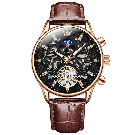 OLEVS 6658 Men Luminous Waterproof Leather Strap Mechanical Watch(Black + Rose Gold) - Leather Strap Watches by OLEVS | Online Shopping South Africa | PMC Jewellery | Buy Now Pay Later Mobicred