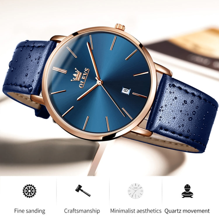 OLEVS 5869 Men Business Waterproof Genuine Leather Strap Quartz Watch(Blue + Blue) - Leather Strap Watches by OLEVS | Online Shopping South Africa | PMC Jewellery