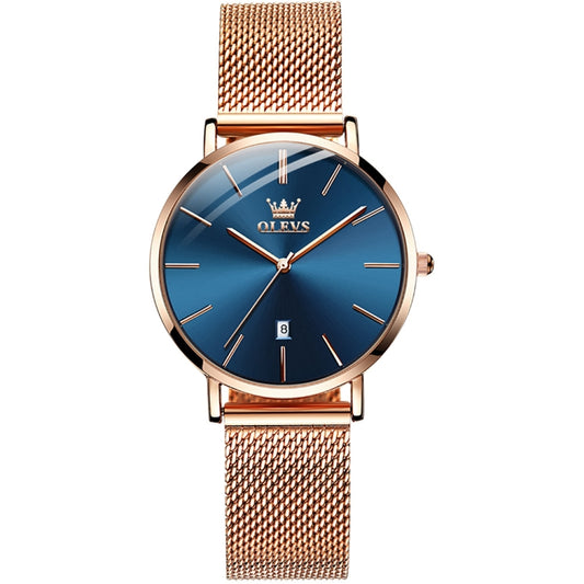 OLEVS 5869 Ladies Business Waterproof Steel Strap Quartz Watch(Blue + Rose Gold) - Metal Strap Watches by OLEVS | Online Shopping South Africa | PMC Jewellery | Buy Now Pay Later Mobicred