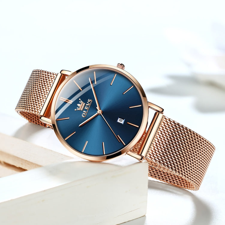 OLEVS 5869 Ladies Business Waterproof Steel Strap Quartz Watch(Blue + Rose Gold) - Metal Strap Watches by OLEVS | Online Shopping South Africa | PMC Jewellery