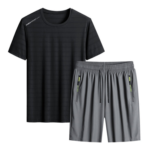 Summer Men T-shirt Short Pants Sports Suit Casual Fitness Two-piece Set, Size:XXXL(Black Top+Grey Shorts) - Athletic Wear by PMC Jewellery | Online Shopping South Africa | PMC Jewellery