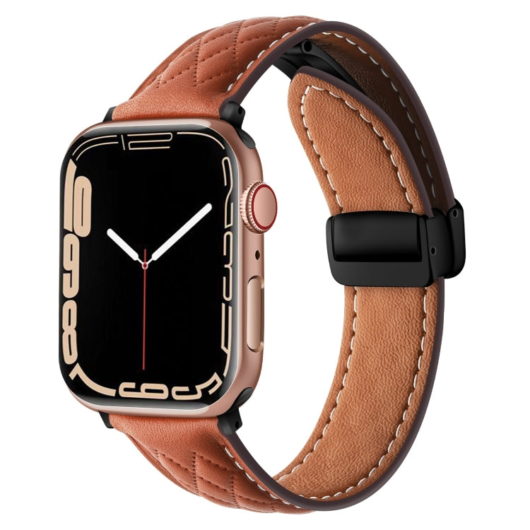 For Apple Watch SE 2022 40mm Folding Buckle Rhombus Leather Watch Band(Brown) - Watch Bands by PMC Jewellery | Online Shopping South Africa | PMC Jewellery