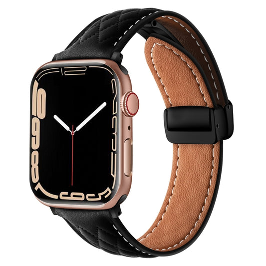 For Apple Watch 7 45mm Folding Buckle Rhombus Leather Watch Band(Black) - Watch Bands by PMC Jewellery | Online Shopping South Africa | PMC Jewellery