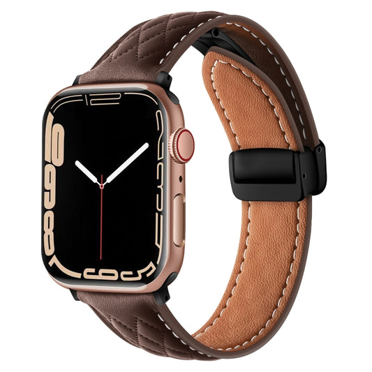 For Apple Watch 7 45mm Folding Buckle Rhombus Leather Watch Band(Coffee) - Watch Bands by PMC Jewellery | Online Shopping South Africa | PMC Jewellery