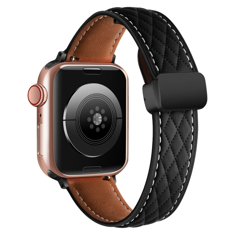 For Apple Watch SE 44mm Folding Buckle Rhombus Leather Watch Band(Black) - Watch Bands by PMC TechLife | Online Shopping South Africa | PMC TechLife