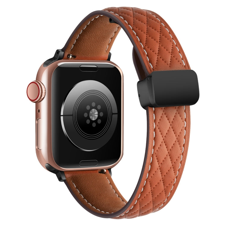 For Apple Watch 6 44mm Folding Buckle Rhombus Leather Watch Band(Brown) - Watch Bands by PMC Jewellery | Online Shopping South Africa | PMC Jewellery