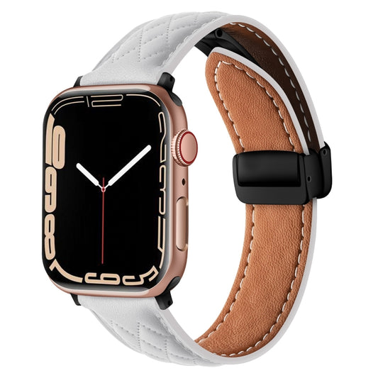 For Apple Watch 4 44mm Folding Buckle Rhombus Leather Watch Band(White) - Watch Bands by PMC Jewellery | Online Shopping South Africa | PMC Jewellery