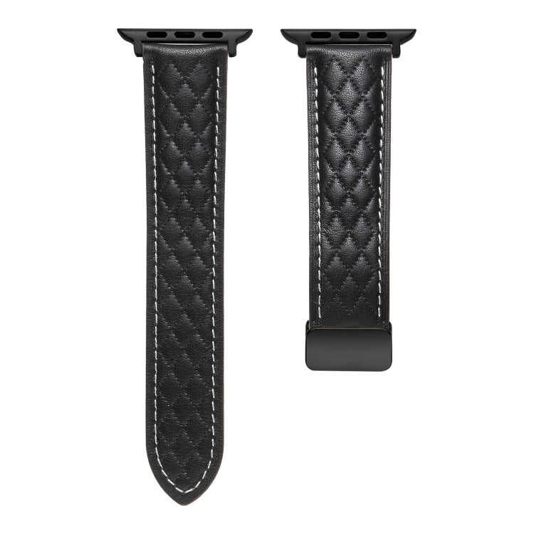 For Apple Watch 9 45mm Folding Buckle Rhombus Leather Watch Band(Black) - Watch Bands by PMC TechLife | Online Shopping South Africa | PMC TechLife