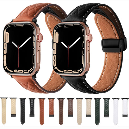 For Apple Watch 7 41mm Folding Buckle Rhombus Leather Watch Band(Brown) - Watch Bands by PMC Jewellery | Online Shopping South Africa | PMC Jewellery