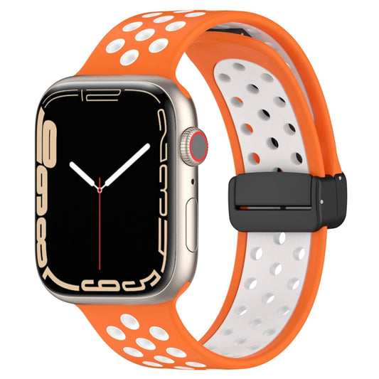 For Apple Watch SE 44mm Magnetic Buckle Silicone Watch Band(Orange White) - Watch Bands by PMC Jewellery | Online Shopping South Africa | PMC Jewellery