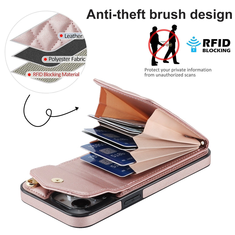 For iPhone 15 Pro Max Rhombic Texture Card Bag Phone Case with Long Lanyard(Rose Gold) - free shipping - PMC TechLife - Order now!