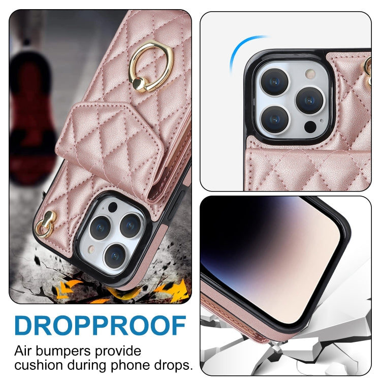 For iPhone 15 Pro Max Rhombic Texture Card Bag Phone Case with Long Lanyard(Rose Gold) - free shipping - PMC TechLife - Order now!