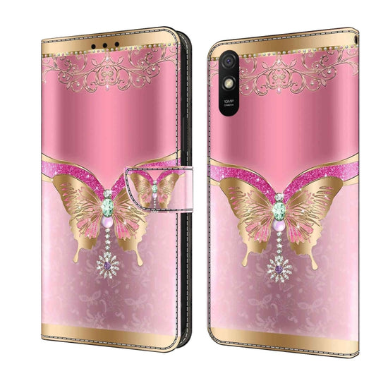 For Xiaomi Redmi 9A Crystal 3D Shockproof Protective Leather Phone Case(Pink Bottom Butterfly) - Xiaomi Cases by PMC Jewellery | Online Shopping South Africa | PMC Jewellery