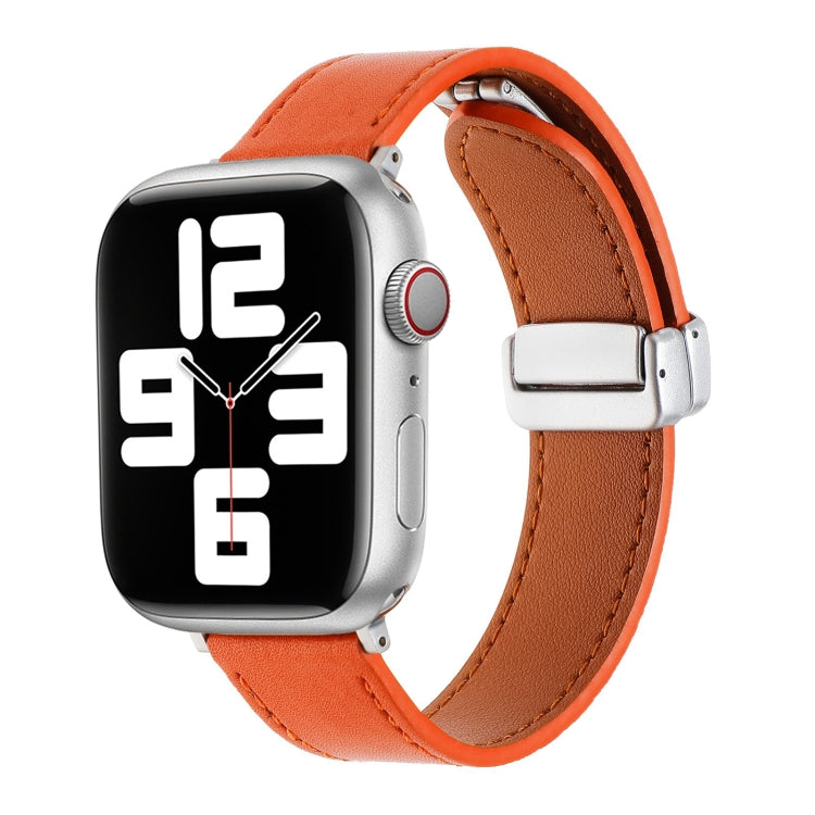 For Apple Watch 7 45mm Magnetic Buckle Skin Feel Leather Watch Band(Orange) - Watch Bands by PMC Jewellery | Online Shopping South Africa | PMC Jewellery