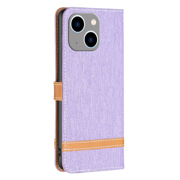 For iPhone 15 Plus Color Block Denim Texture Leather Phone Case(Purple) - free shipping - PMC TechLife - Order now!