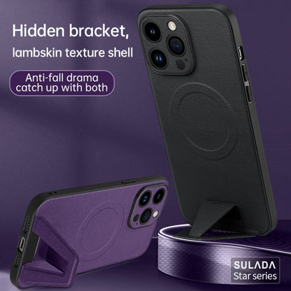 For iPhone 14 Plus SULADA Folding Holder Lambskin Texture MagSafe Phone Case(Purple) - iPhone 14 Plus Cases by SULADA | Online Shopping South Africa | PMC Jewellery