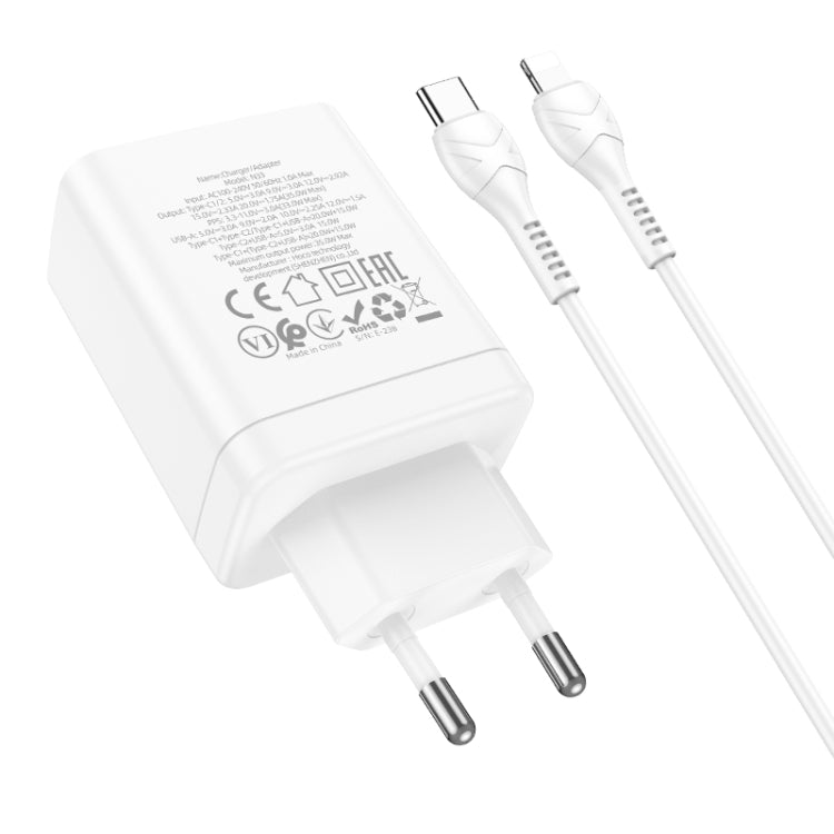 hoco N33 Start PD35W Dual Type-C + USB Charger with Type-C to 8 Pin Cable, EU Plug(White) - USB Charger by hoco | Online Shopping South Africa | PMC Jewellery