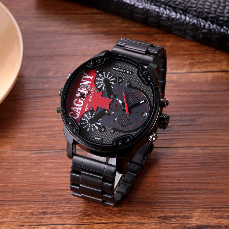 CAGARNY 6820 Men Dual Movement Red Face Steel Strap Quartz Watch(Black) - Metal Strap Watches by CAGARNY | Online Shopping South Africa | PMC Jewellery