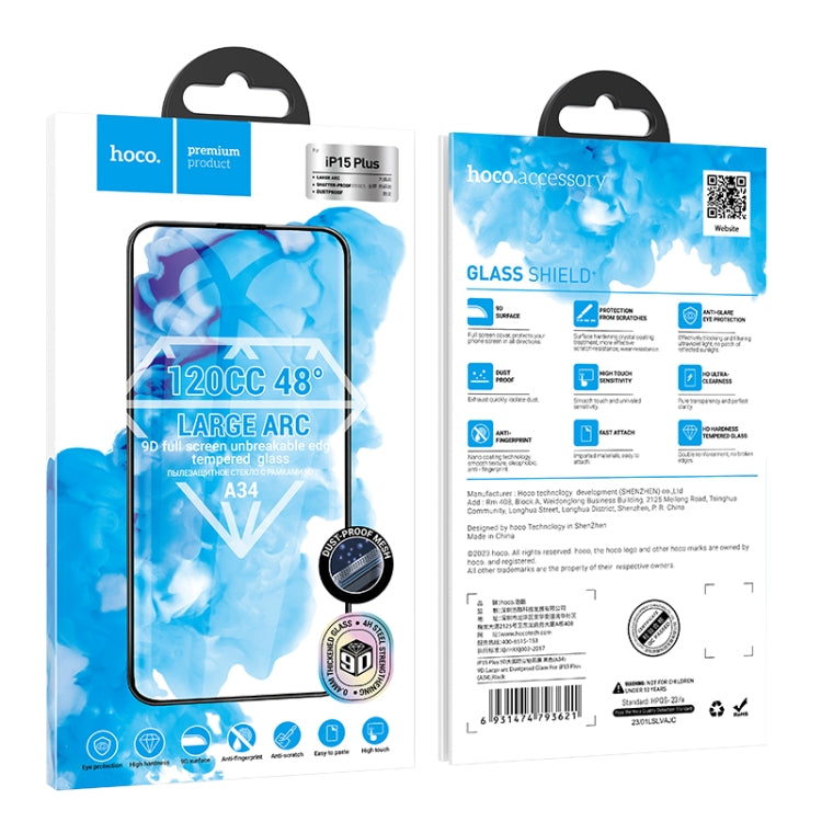 For iPhone 15 Plus hoco A34 9D Large Arc Dustproof Diamond Tempered Glass Film - iPhone 15 Plus Tempered Glass by hoco | Online Shopping South Africa | PMC Jewellery