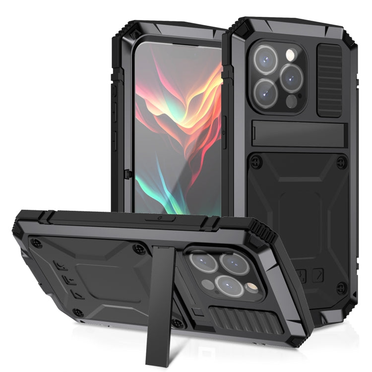For iPhone 15 Pro Max R-JUST Shockproof Life Waterproof Dust-proof Metal + Silicone Phone Case with Holder(Black) - iPhone 15 Pro Max Cases by R-JUST | Online Shopping South Africa | PMC TechLife | Buy Now Pay Later Mobicred