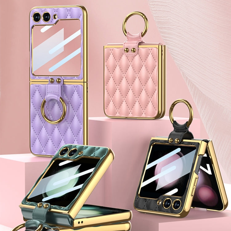 For Samsung Galaxy Z Flip5 GKK Integrated Plating Diamond Texture PU Phone Case with Ring(Pink) - Galaxy Z Flip5 Cases by GKK | Online Shopping South Africa | PMC Jewellery