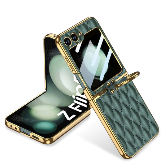 For Samsung Galaxy Z Flip5 GKK Integrated Plating Diamond Texture PU Phone Case with Ring(Green) - Galaxy Z Flip5 Cases by GKK | Online Shopping South Africa | PMC Jewellery