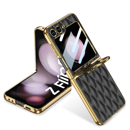 For Samsung Galaxy Z Flip5 GKK Integrated Plating Diamond Texture PU Phone Case with Ring(Black) - Galaxy Z Flip5 Cases by GKK | Online Shopping South Africa | PMC Jewellery