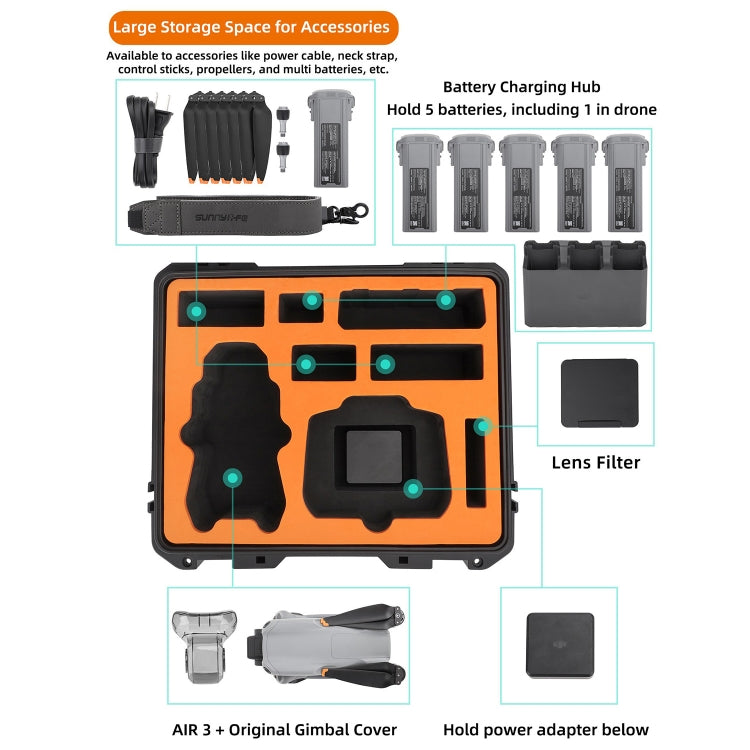 For DJI Air 3 Sunnylife Safety Carrying Case Large Capacity Waterproof Shock-proof Hard Travel Case Multi-battery Flying Version - Carry Cases & Bags by Sunnylife | Online Shopping South Africa | PMC Jewellery | Buy Now Pay Later Mobicred