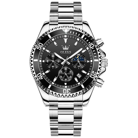 OLEVS 2870 Men Multifunctional Chronograph Three Eyes Waterproof Quartz Watch(Black + Silver) - Metal Strap Watches by OLEVS | Online Shopping South Africa | PMC Jewellery