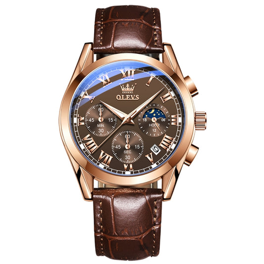 OLEVS 2871 Men Multifunctional Sports Chronograph Luminous Quartz Watch(Coffee + Rose Gold) - Leather Strap Watches by OLEVS | Online Shopping South Africa | PMC Jewellery