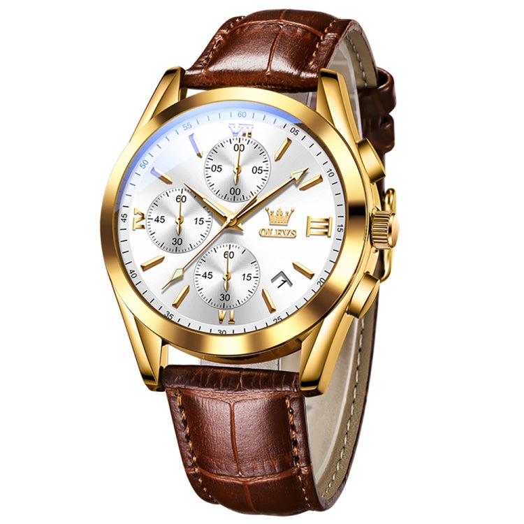 OLEVS 2872 Men Three Eyes Six Needles Chronograph Waterproof Quartz Watch(White + Gold) - Leather Strap Watches by OLEVS | Online Shopping South Africa | PMC Jewellery