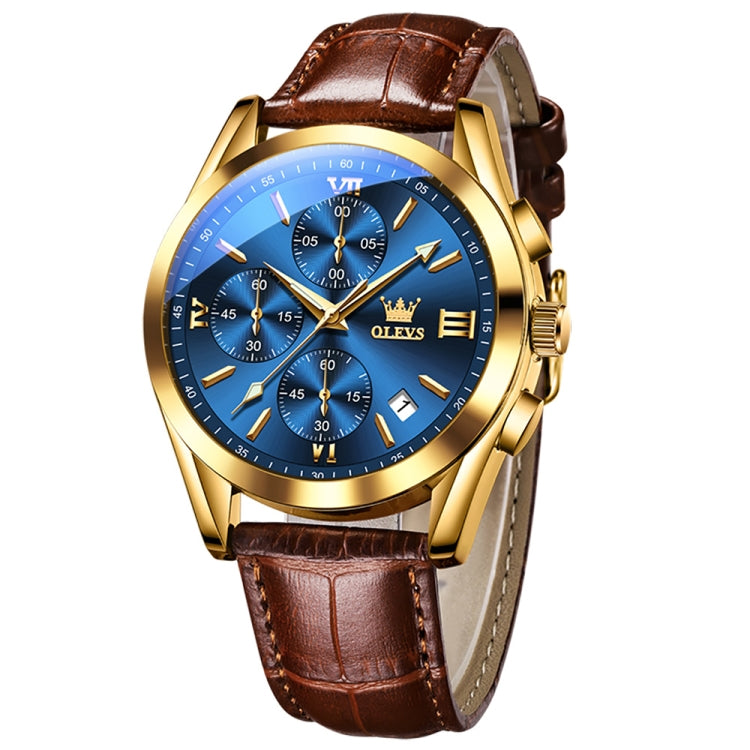 OLEVS 2872 Men Three Eyes Six Needles Chronograph Waterproof Quartz Watch(Blue + Gold) - Leather Strap Watches by OLEVS | Online Shopping South Africa | PMC Jewellery