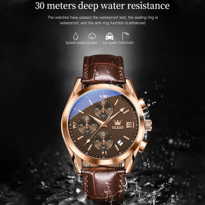 OLEVS 2872 Men Three Eyes Six Needles Chronograph Waterproof Quartz Watch(Coffee + Rose Gold) - Leather Strap Watches by OLEVS | Online Shopping South Africa | PMC Jewellery