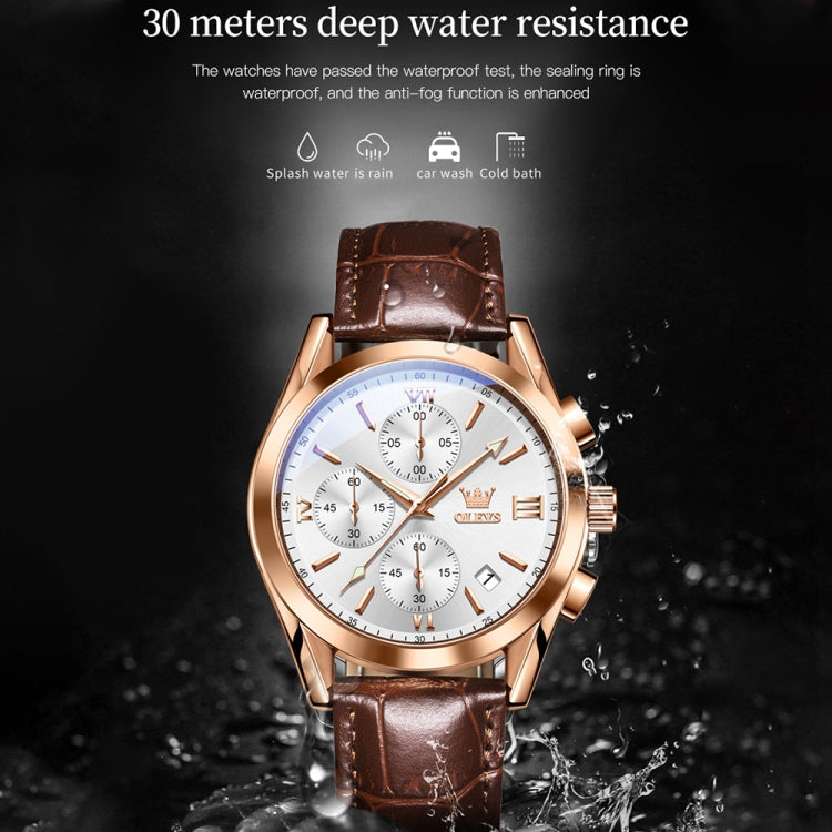 OLEVS 2872 Men Three Eyes Six Needles Chronograph Waterproof Quartz Watch(White + Rose Gold) - Leather Strap Watches by OLEVS | Online Shopping South Africa | PMC Jewellery