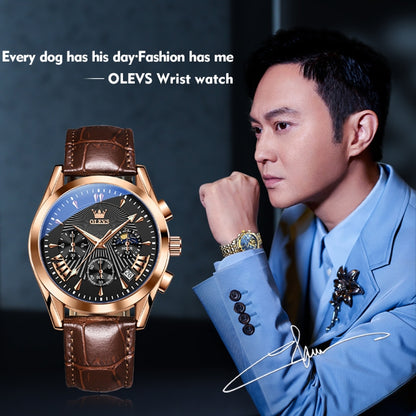 OLEVS 2876 Men Multifunctional Sports Chronograph Quartz Watch(Black + Rose Gold) - Leather Strap Watches by OLEVS | Online Shopping South Africa | PMC Jewellery | Buy Now Pay Later Mobicred