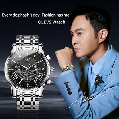 OLEVS 2892 Men Multifunctional Business Waterproof Quartz Watch(Black + Silver) - Metal Strap Watches by OLEVS | Online Shopping South Africa | PMC Jewellery