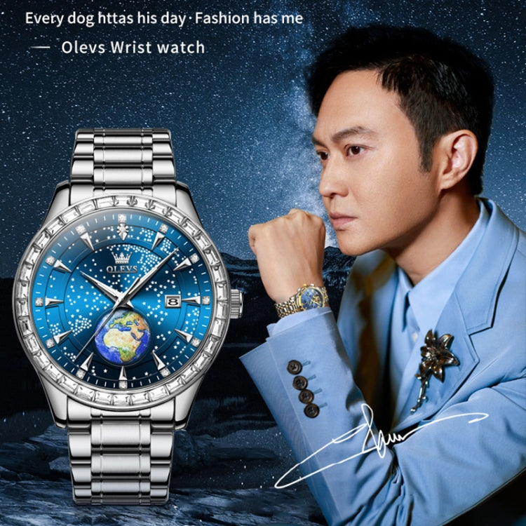 OLEVS 9967 Men Starry Sky Face Diamond Bezel Quartz Watch(Blue Steel Strap) - Leather Strap Watches by OLEVS | Online Shopping South Africa | PMC Jewellery | Buy Now Pay Later Mobicred