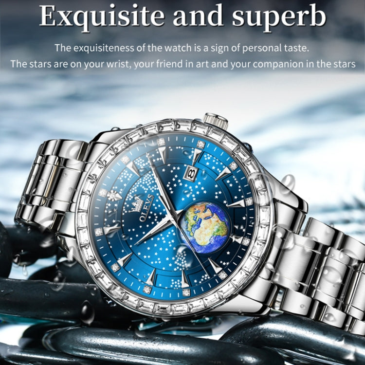 OLEVS 9967 Men Starry Sky Face Diamond Bezel Quartz Watch(Blue Steel Strap) - Leather Strap Watches by OLEVS | Online Shopping South Africa | PMC Jewellery | Buy Now Pay Later Mobicred