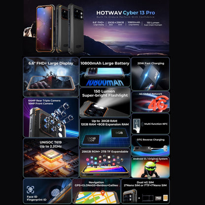 [HK Warehouse] HOTWAV CYBER 13 Pro, 12GB+256GB, IP68/IP69K Rugged Phone, 10800mAh, 6.6 inch Android 13 UNISOC T619 Octa Core, Network: 4G, NFC, OTG(All Black) - Other by HOTWAV | Online Shopping South Africa | PMC Jewellery