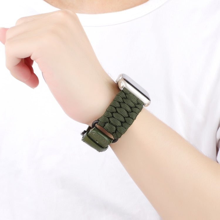 For Apple Watch SE 44mm Plain Paracord Genuine Leather Watch Band(Army Green) - Watch Bands by PMC TechLife | Online Shopping South Africa | PMC TechLife