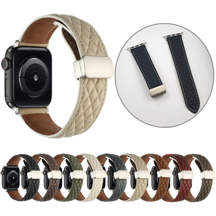 For Apple Watch Series 7 41mm Rhombus Pattern Magnetic Folding Buckle Leather Watch Band(Red) - Watch Bands by PMC TechLife | Online Shopping South Africa | PMC TechLife | Buy Now Pay Later Mobicred